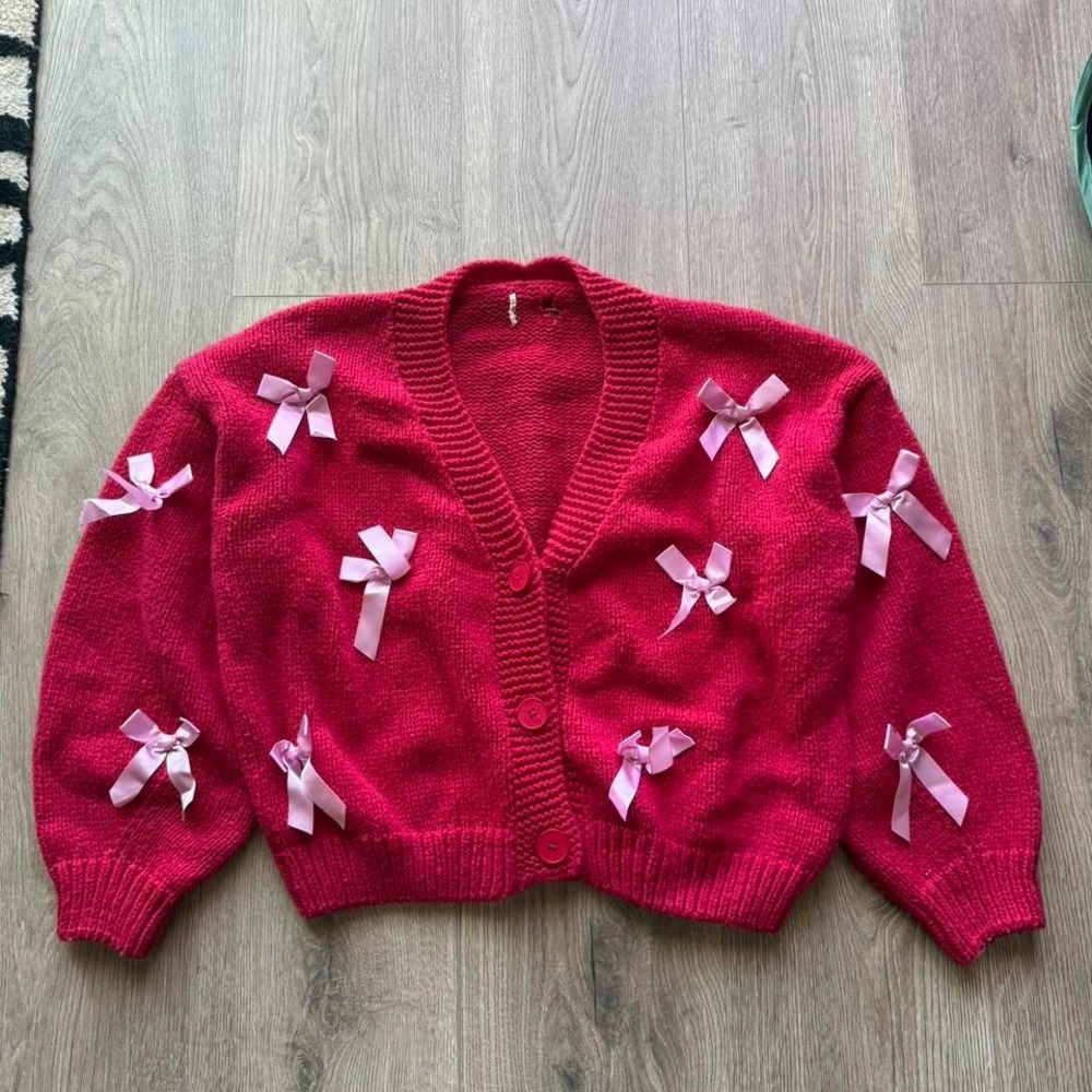 Pink Cardigan Bow Detail Sweater Coquette Y2K Cropped Medium